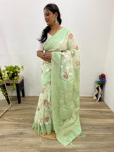 Modal Chanderi Golden Zari Floral Printed Light Olive Green Saree